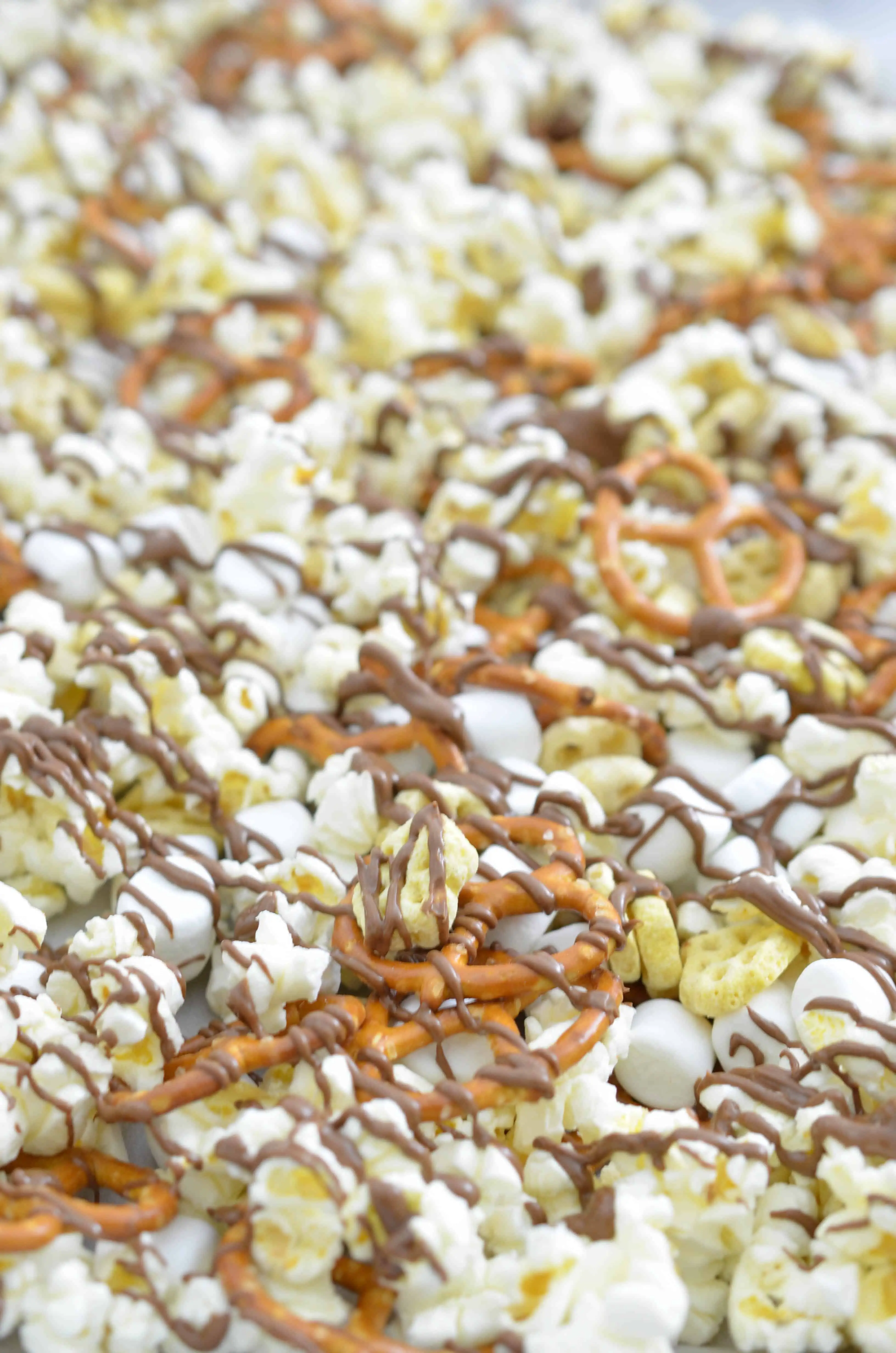 This snack mix recipe is made with a family favorite, Honeycomb cereal. This mix includes pretzels, popcorn, marshmallows, and is topped with a milk chocolate drizzle. A treat all kids will enjoy.