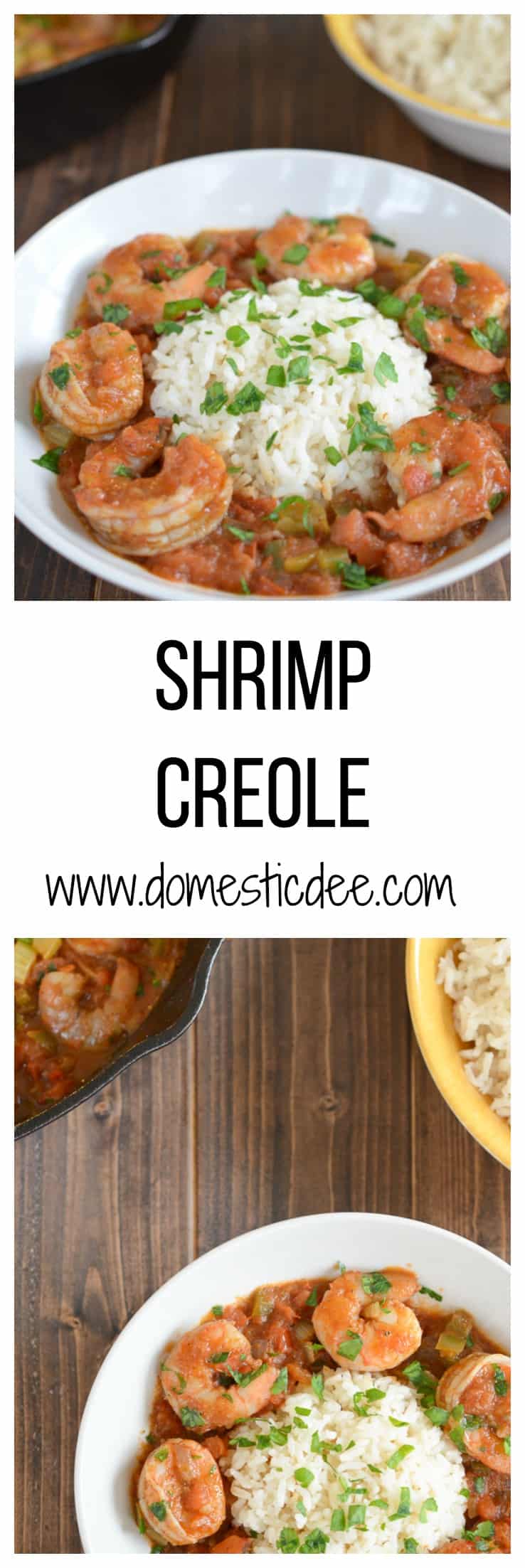 Easy Shrimp Creole Recipe- This easy shrimp creole recipe has jumbo shrimp, simmered in creole tomato sauce served over a steamy bed of rice. I www.domesticdee.com