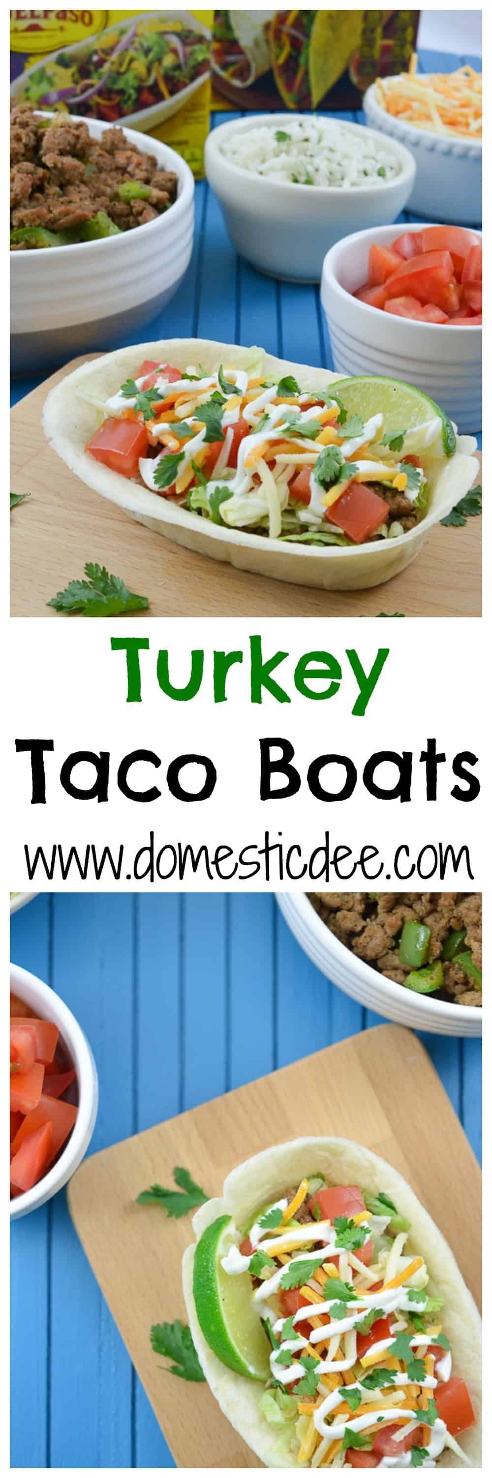 Turkey Taco Boats-Spice up your next Cinco De Mayo with these delicious Turkey Taco Bowls. Flavorful, ground turkey combines perfectly with an edible Old El Paso Flour Tortilla Taco Boat.