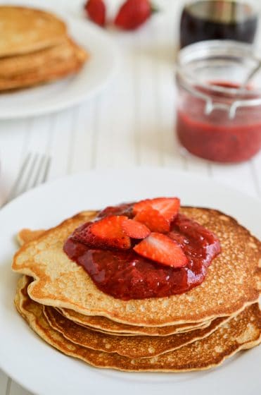 Whole Wheat Pancakes with Strawberry Vanilla Compote - Domestic Dee
