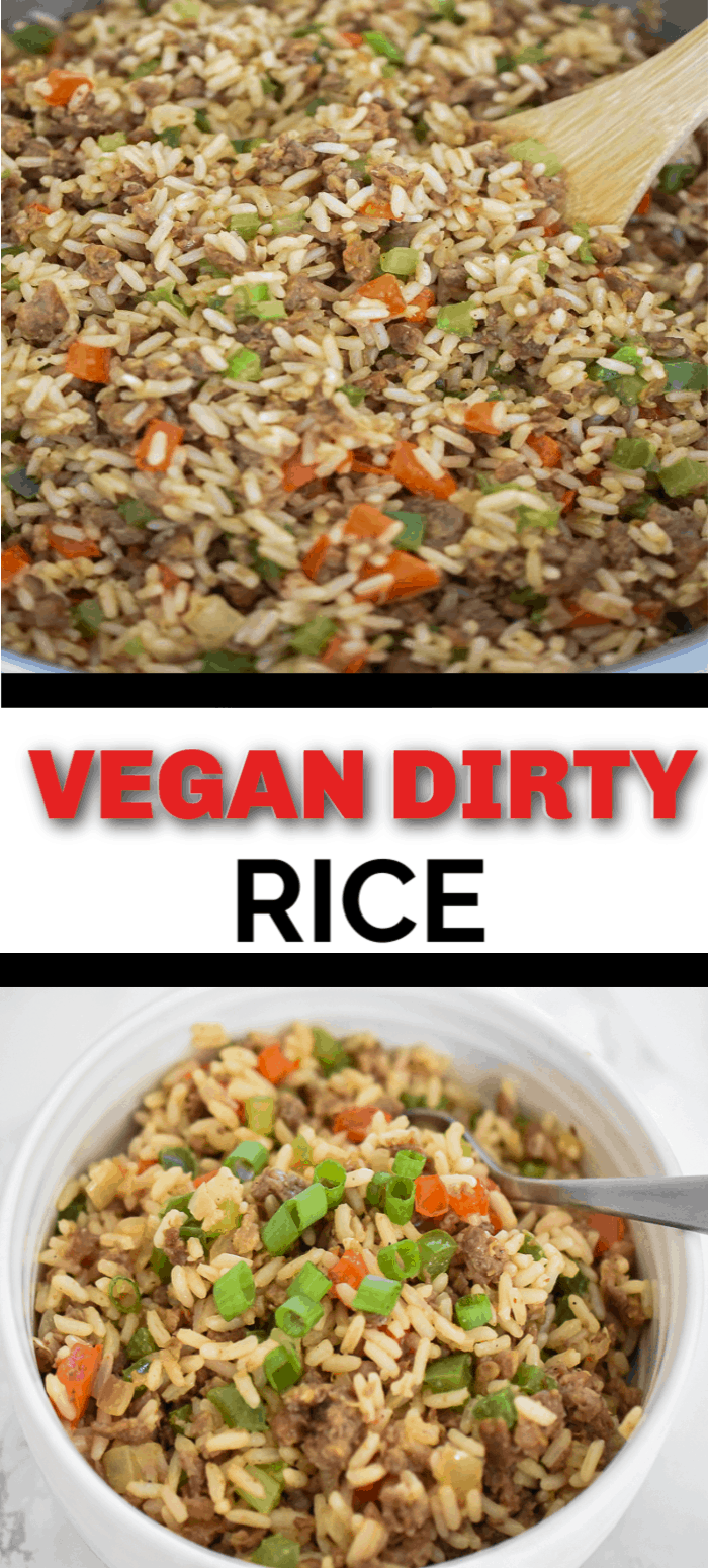 Vegan Dirty Rice– A flavorful vegan dirty rice recipe that cooks up in no time. It’s bursting with a delicious flavor you will forget it’s meatless. Plant-based ground protein, seasonings, vegetables, and rice makes this classic Southern comfort dish a recipe that you need to try! #plantbased