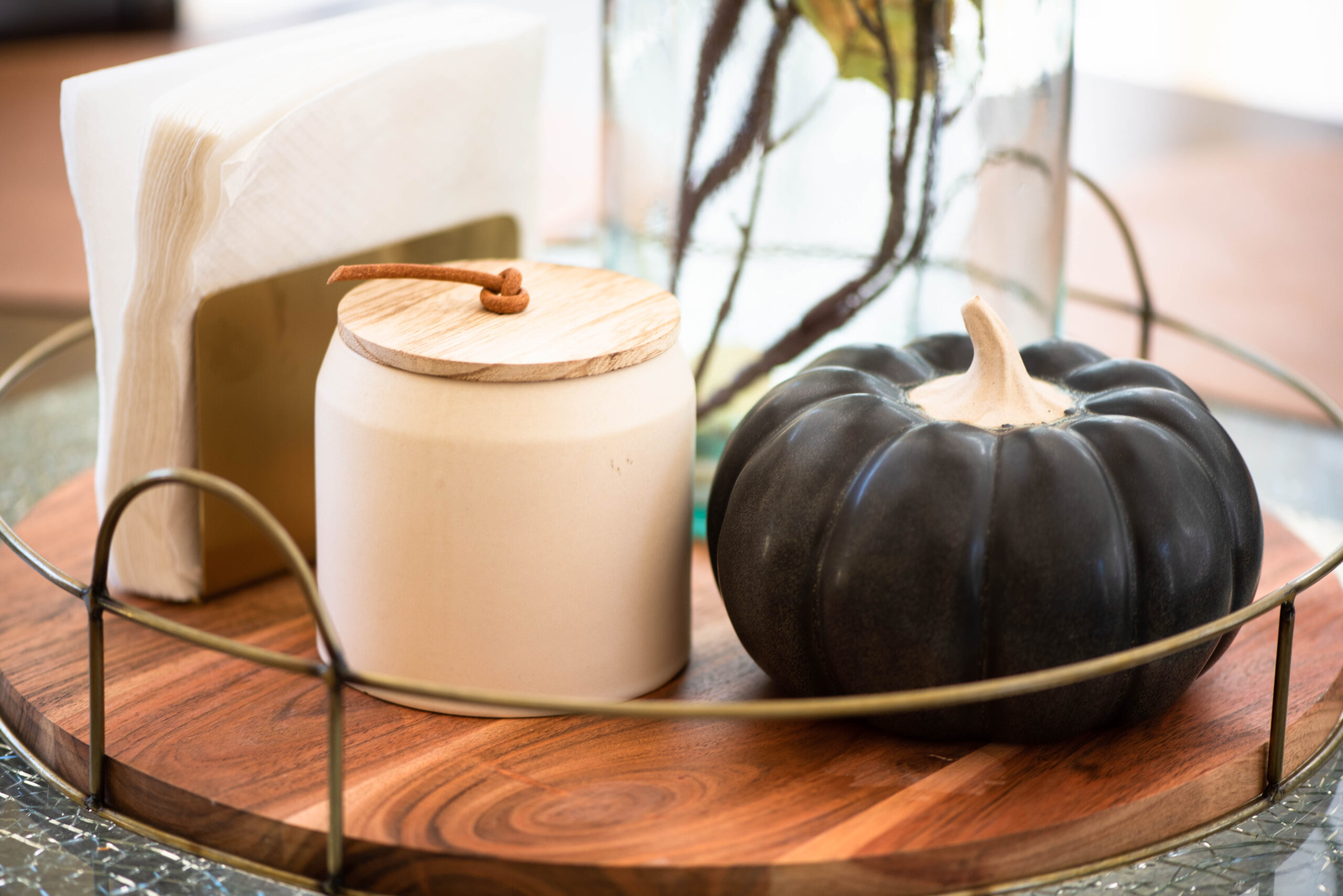 fall candle and pumpkin fall decor